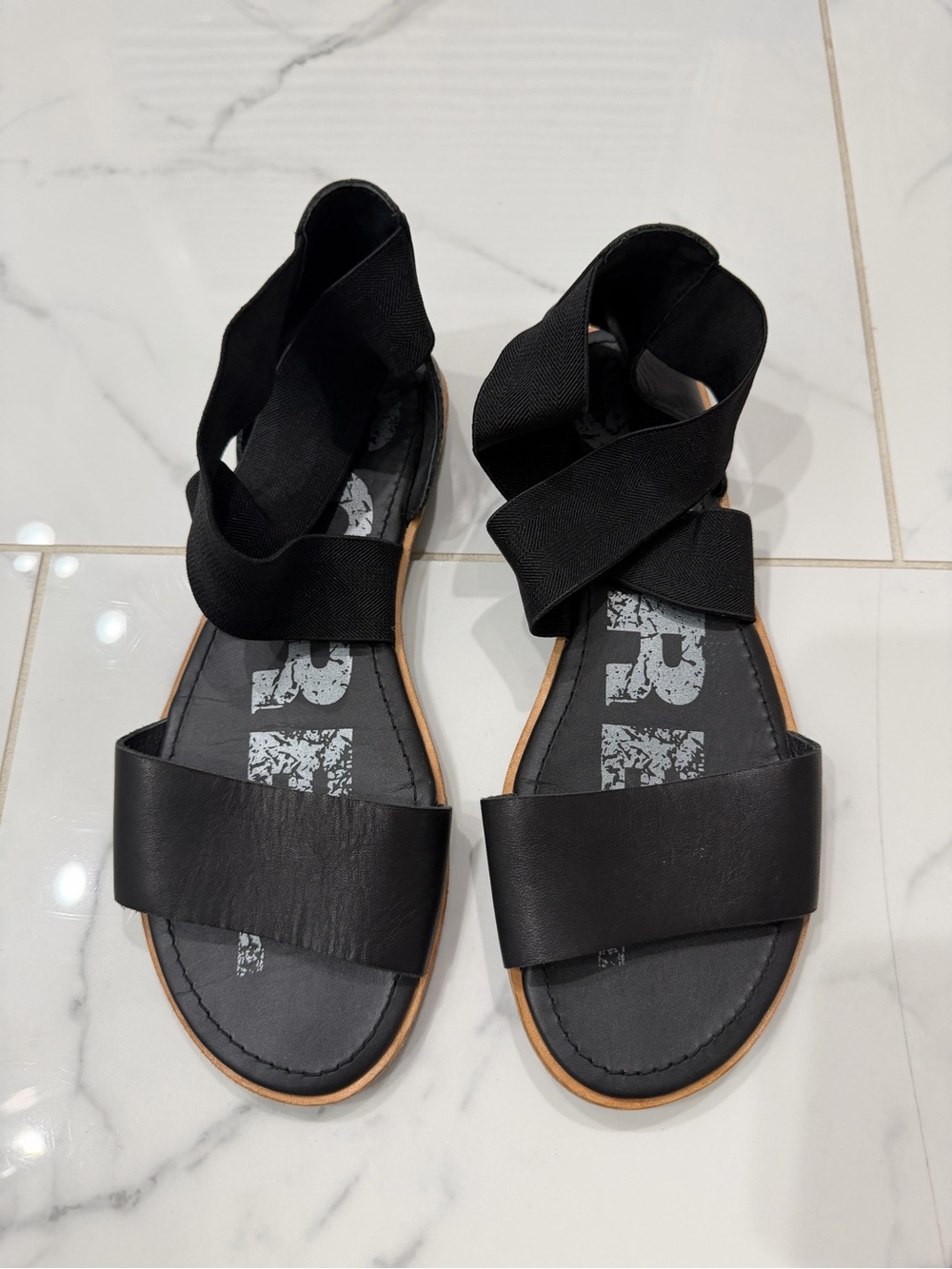 SOREL Ella Black Leather & Elastic Strap Sandals Women’s Size 8.5
